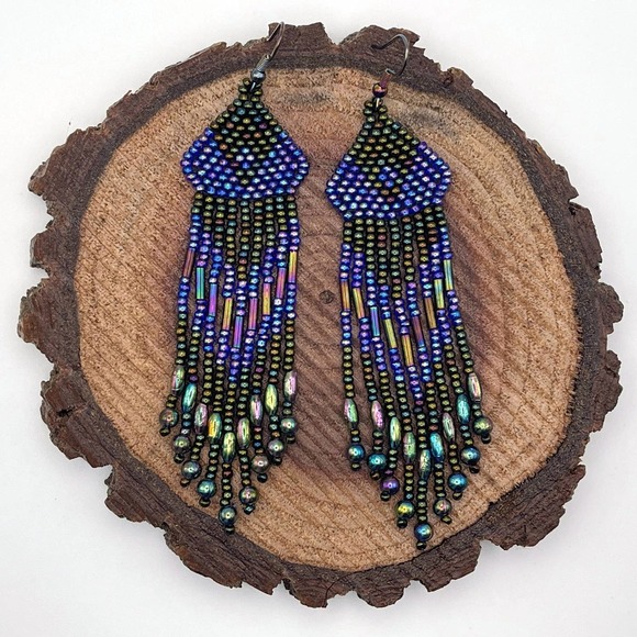 Beaded Fringe Dangle Earrings Blue Purple Green Peacock Iridescent Glass Beads - Picture 1 of 6